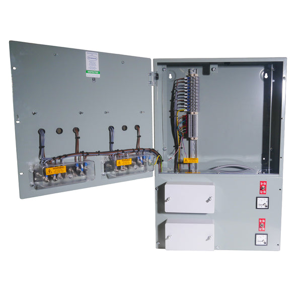 Electrical metering panel prewired with open doors showing wiring and components on a white background