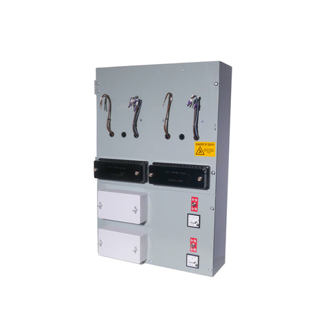 Electrical  metering panel box with various components on a white background